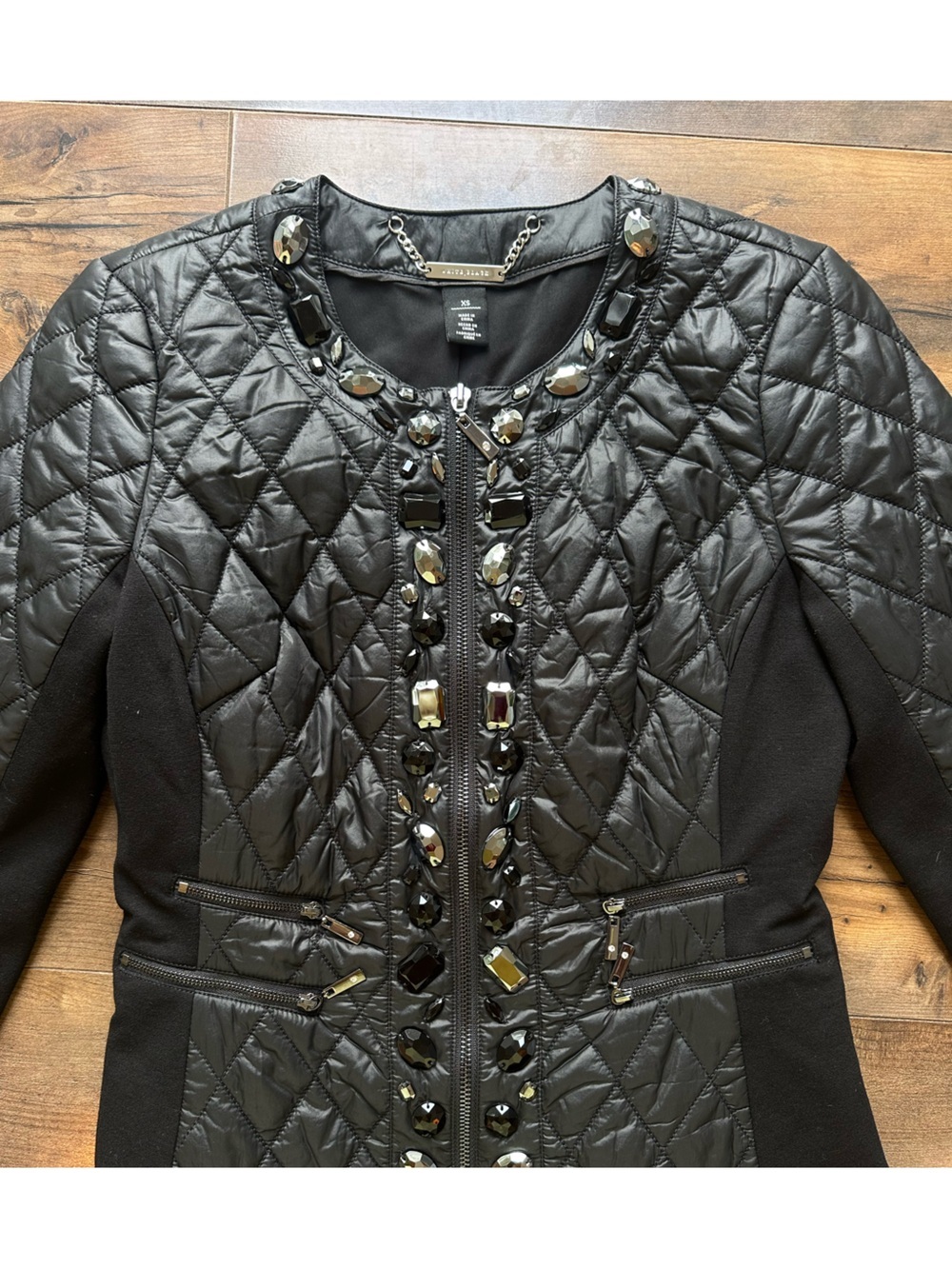 White House Black Market Embellished Quilted Jacket XS Glam Moto Zip - Picture 2 of 7